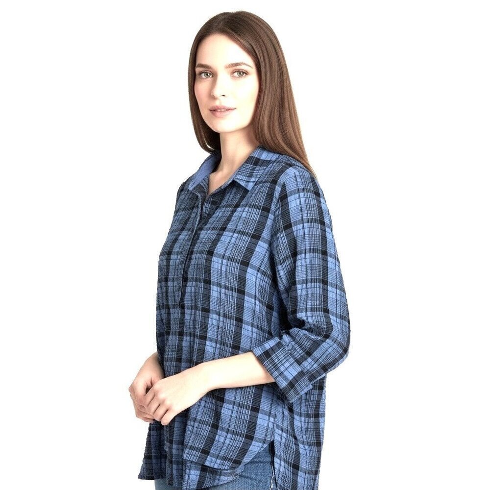 Habitat Blue Plaid Cotton Blend Textured Tunic Top Size Small